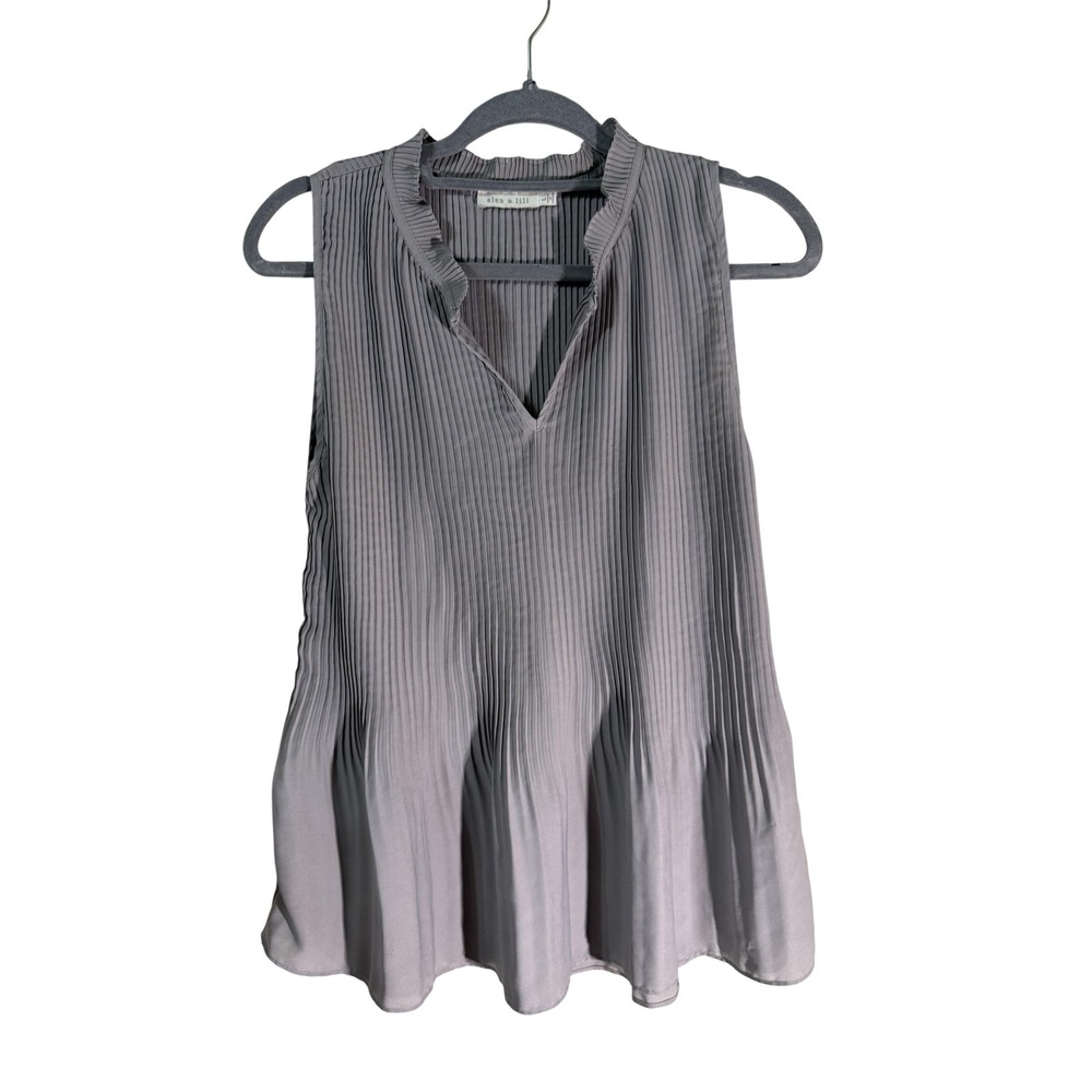 Alex & Lili Tunic Blouse Womens L Gray Pleated Ruffle V-Neck Chiffon Lined